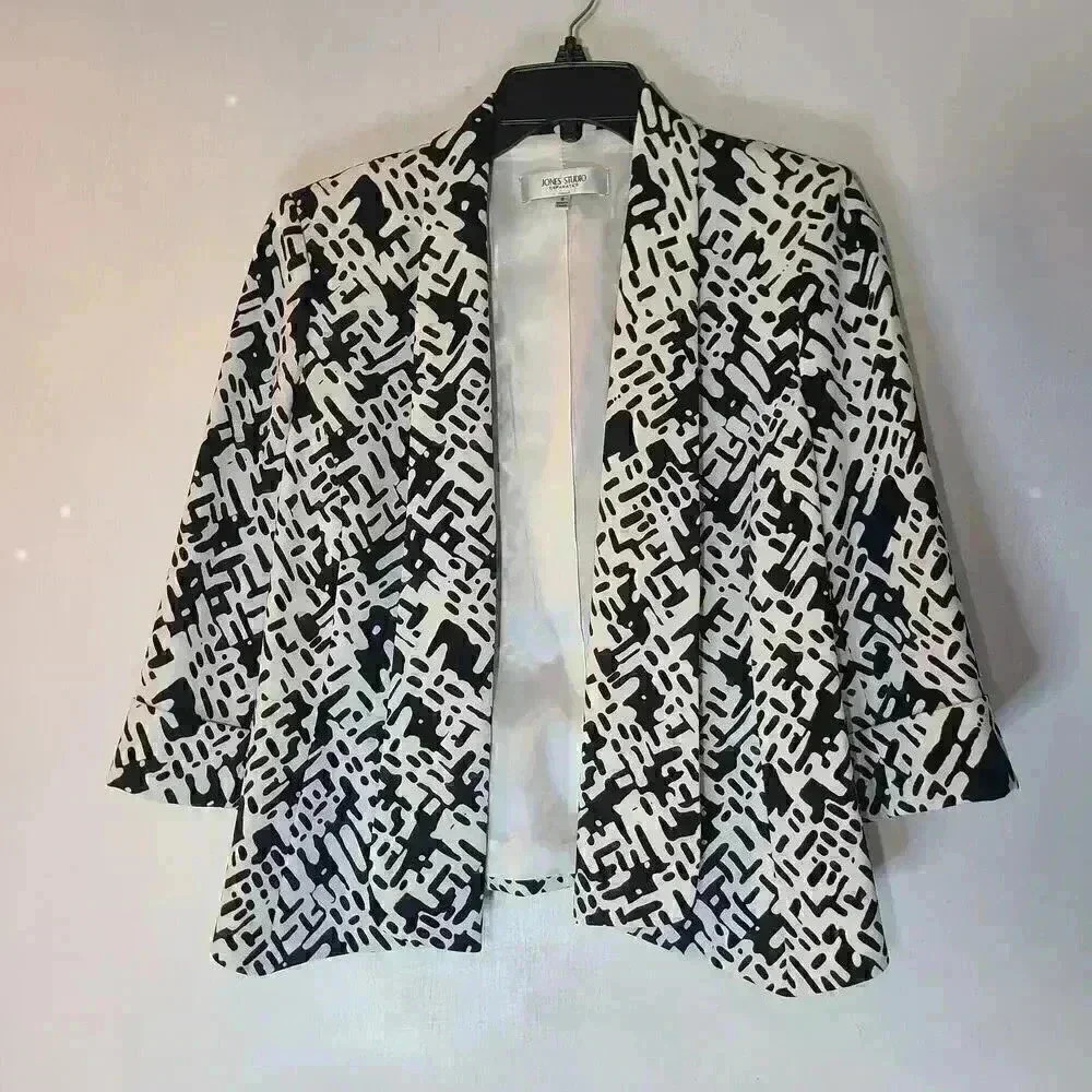 Jones Studio Black and White Open Cropped Blazer 3/4 Sleeves Sz 8